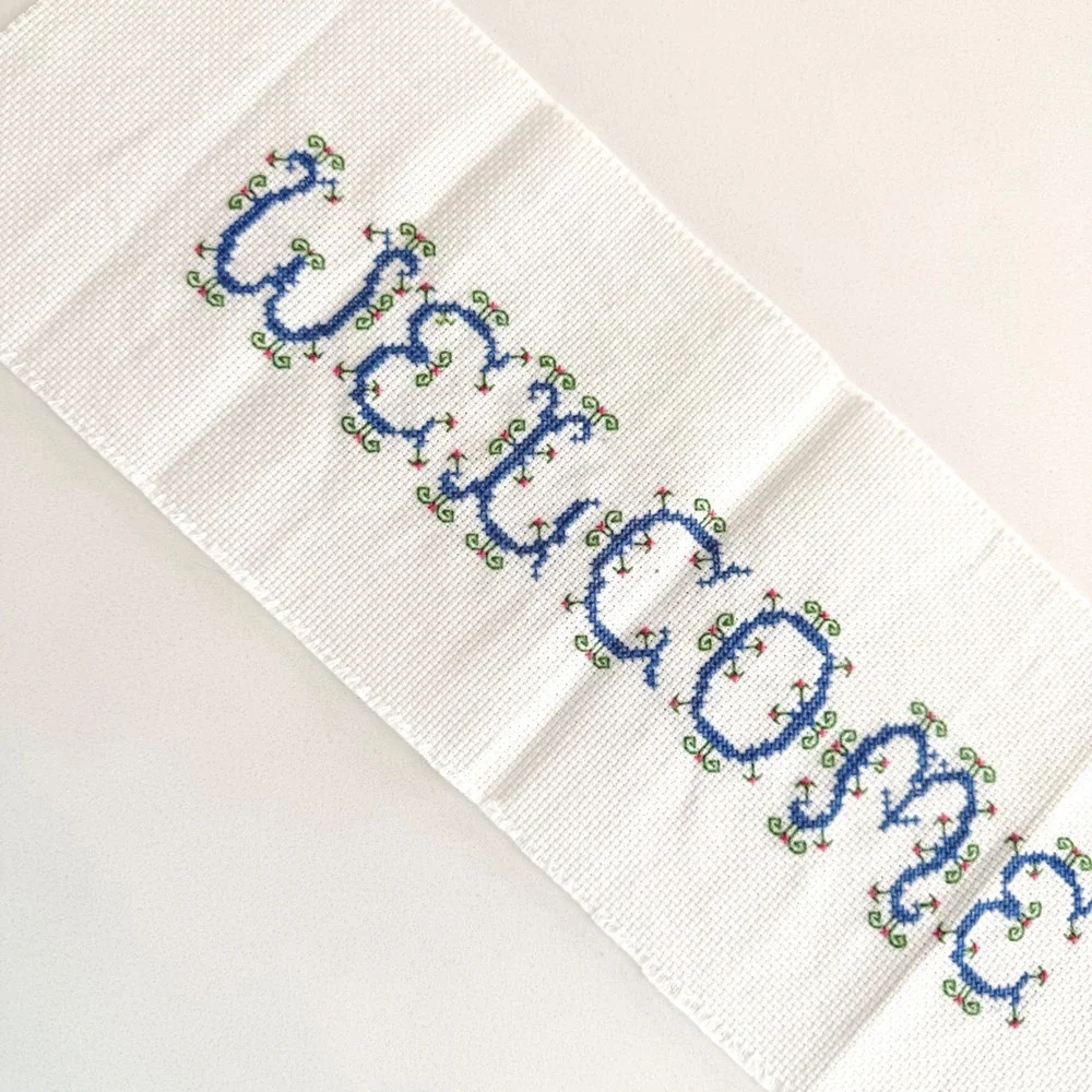 Handmade Welcome Cross Stitch Embroidery Sampler Blue Floral Decor 17.5x6